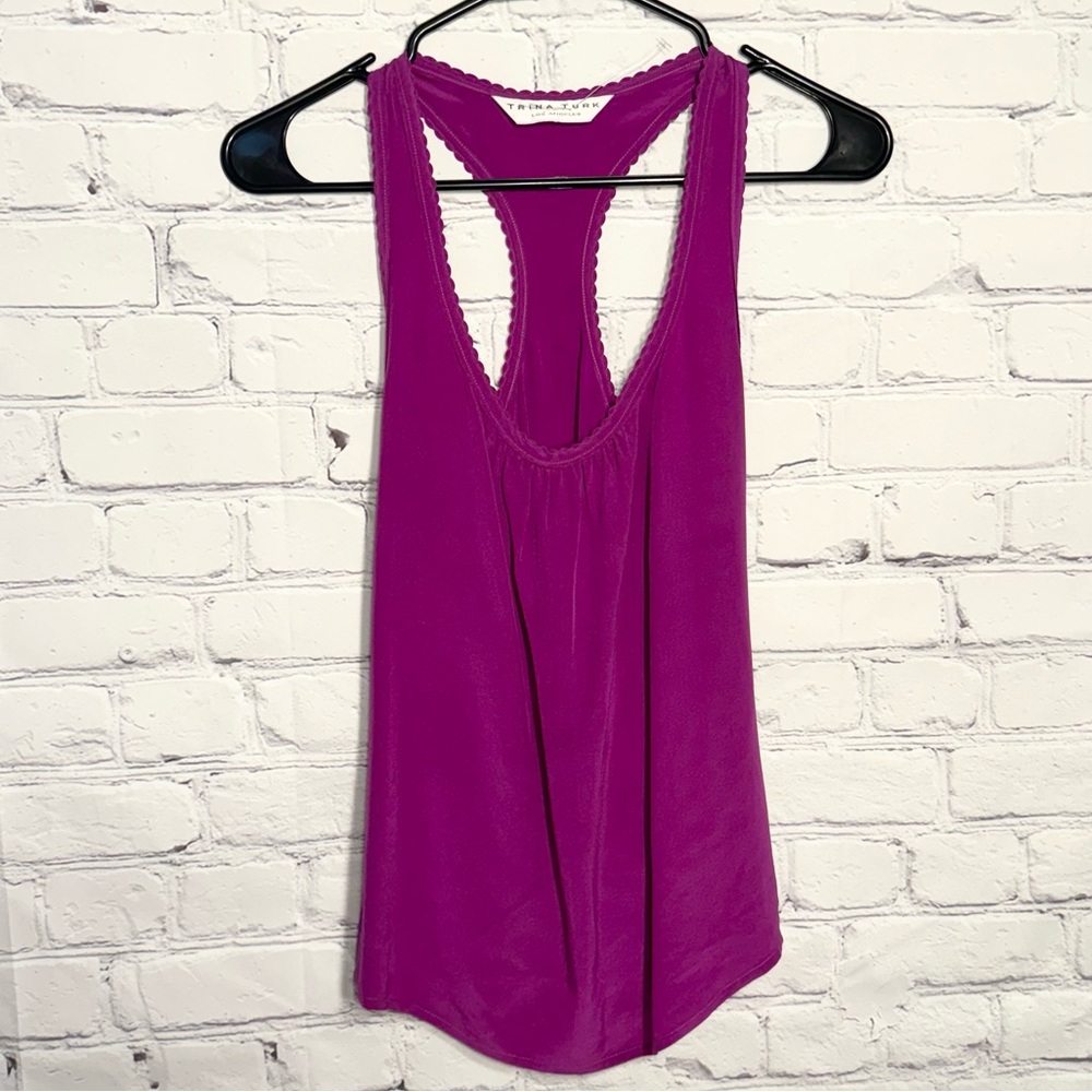 Trina Turk 100% silk purple scalloped racerback tank top